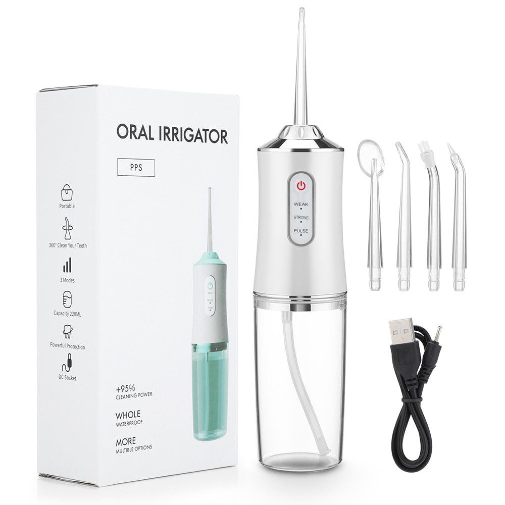 FlexiJet Clean - Kabelloser Oral Irrigator für eine gründliche Zahnpflege, tragbare Wasser-Zahnseide mit einstellbarem Druck und 360° Rotationsdüse