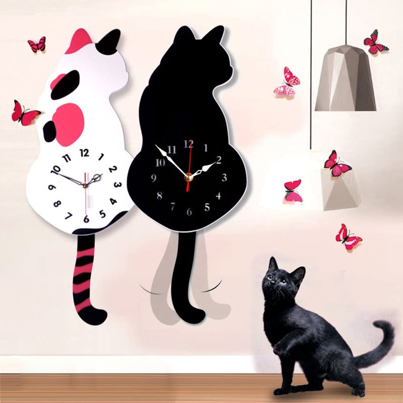 Wanduhr im Katzen-Design - Kreative Katzen-Pendeluhr - Dekorative Uhr für Wohnzimmer oder Kinderzimmer - Schwarz und Weiß