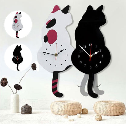 Wanduhr im Katzen-Design - Kreative Katzen-Pendeluhr - Dekorative Uhr für Wohnzimmer oder Kinderzimmer - Schwarz und Weiß