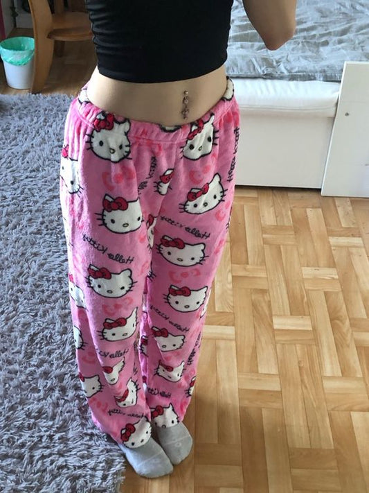 CozyCharm Lounge-Hose Damen - Weiche Flanell-Schlafhose mit Hello Kitty Print - Bequeme Passform