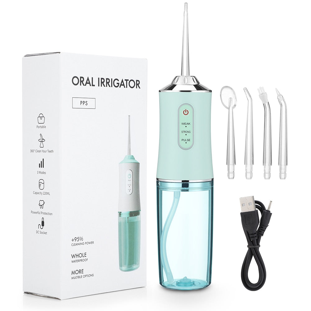 FlexiJet Clean - Kabelloser Oral Irrigator für eine gründliche Zahnpflege, tragbare Wasser-Zahnseide mit einstellbarem Druck und 360° Rotationsdüse