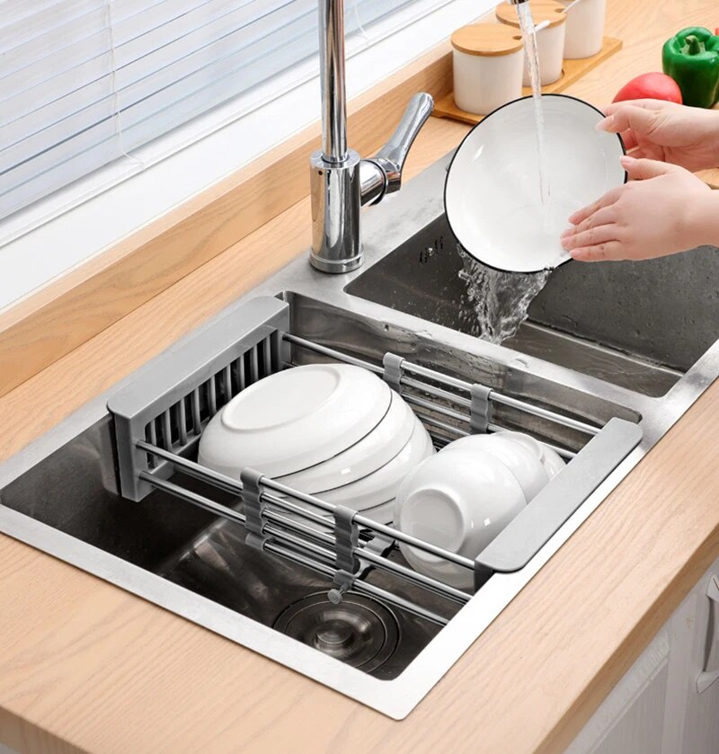 SinkMate - Verstellbarer Spülen-Organizer aus Edelstahl, Belüftete Ablaufschale, Einfache Installation, Feuchtigkeitsbeständig